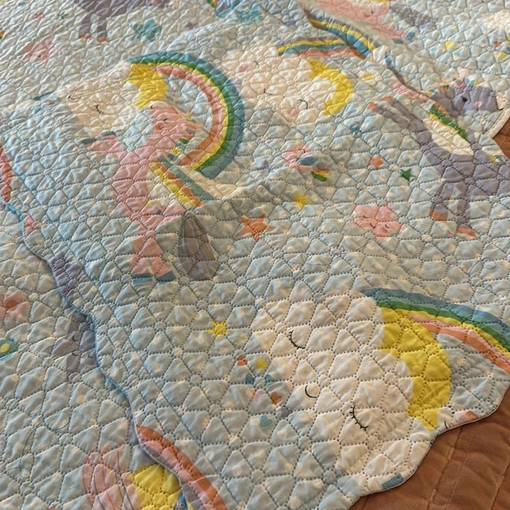 🩵🩵🩵🩵Yes I Can Twin quilt coverlet unicorn rainbows clouds blue pink w/ sham